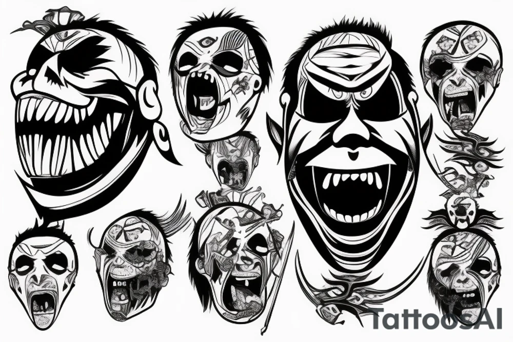 Samurai screaming in pain with his mask destroyed showing his skull underneath tattoo idea