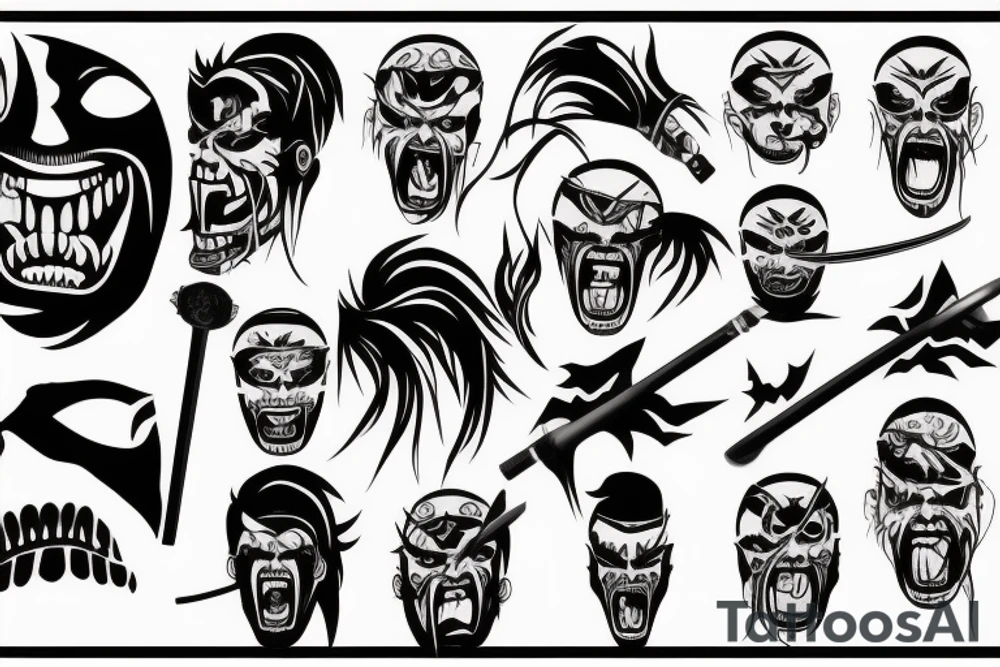 Samurai screaming in pain with his mask destroyed showing his skull underneath tattoo idea