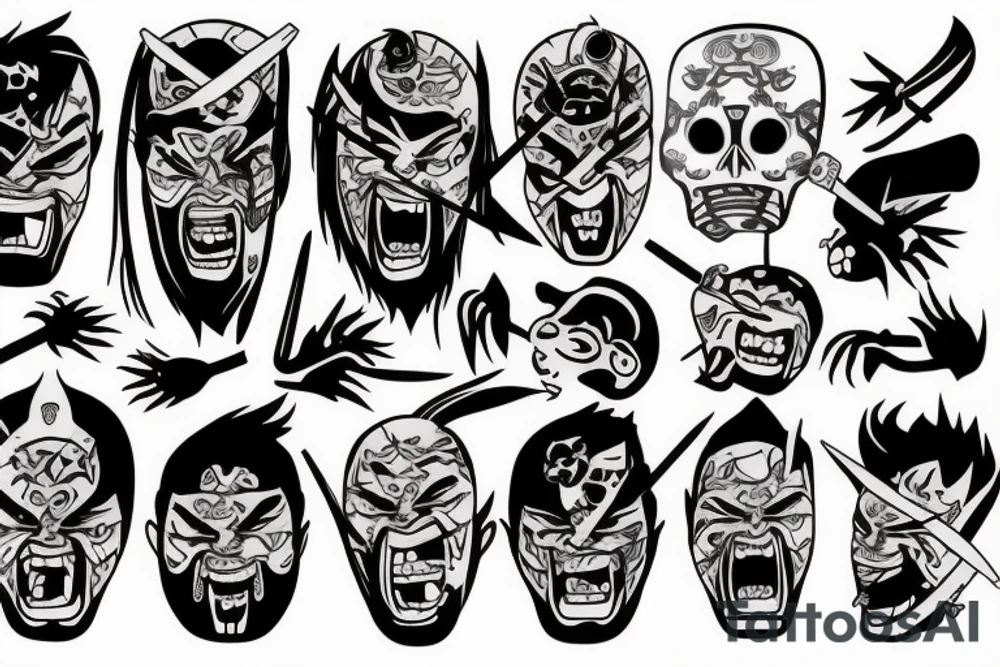 Samurai screaming in pain with his mask destroyed showing his skull underneath tattoo idea