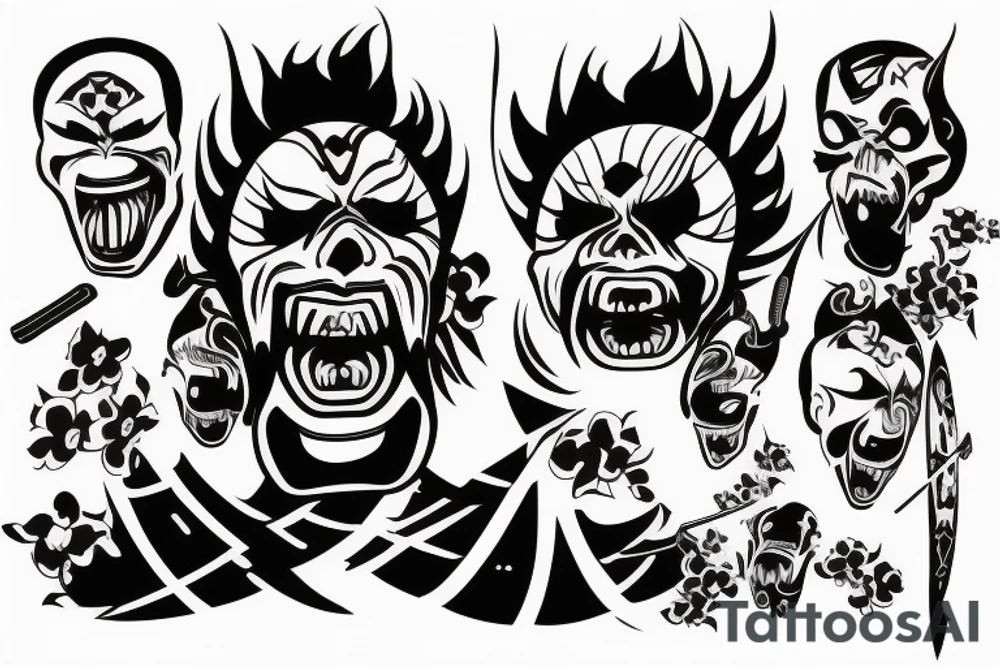 Samurai screaming in pain with his mask destroyed showing his skull underneath tattoo idea