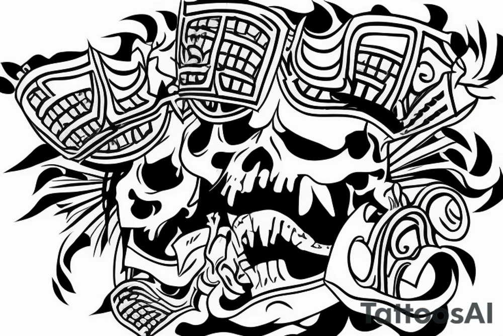 Samurai screaming in pain with his mask destroyed showing his skull underneath tattoo idea