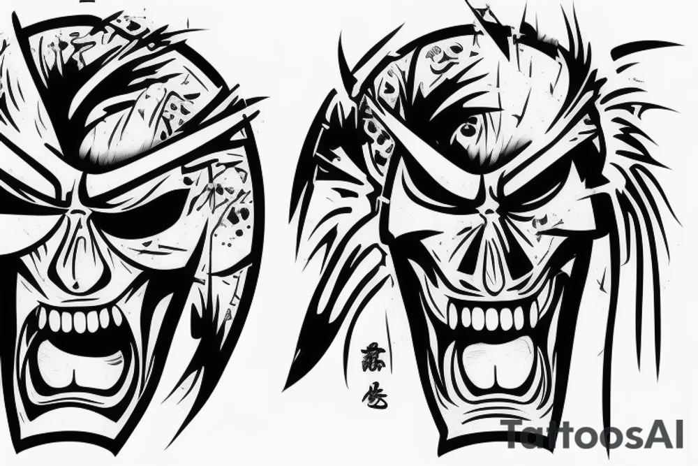 Samurai screaming in pain with his mask destroyed showing his skull underneath tattoo idea