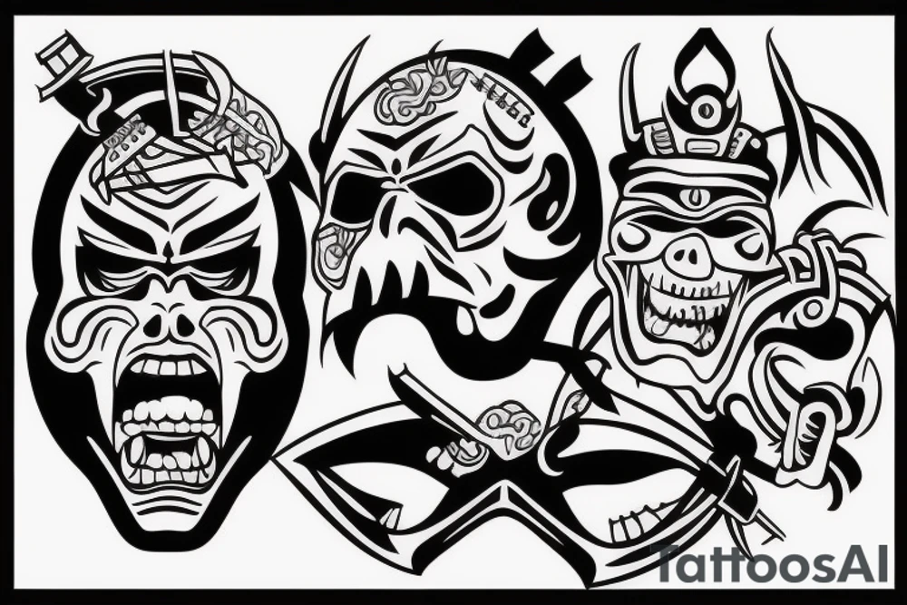 Samurai screaming in pain with his mask destroyed showing his skull underneath tattoo idea