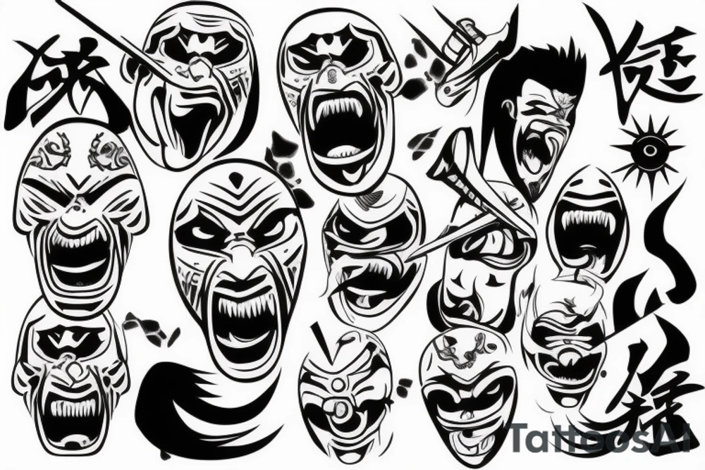 Samurai screaming in pain with his mask destroyed showing his skull underneath tattoo idea