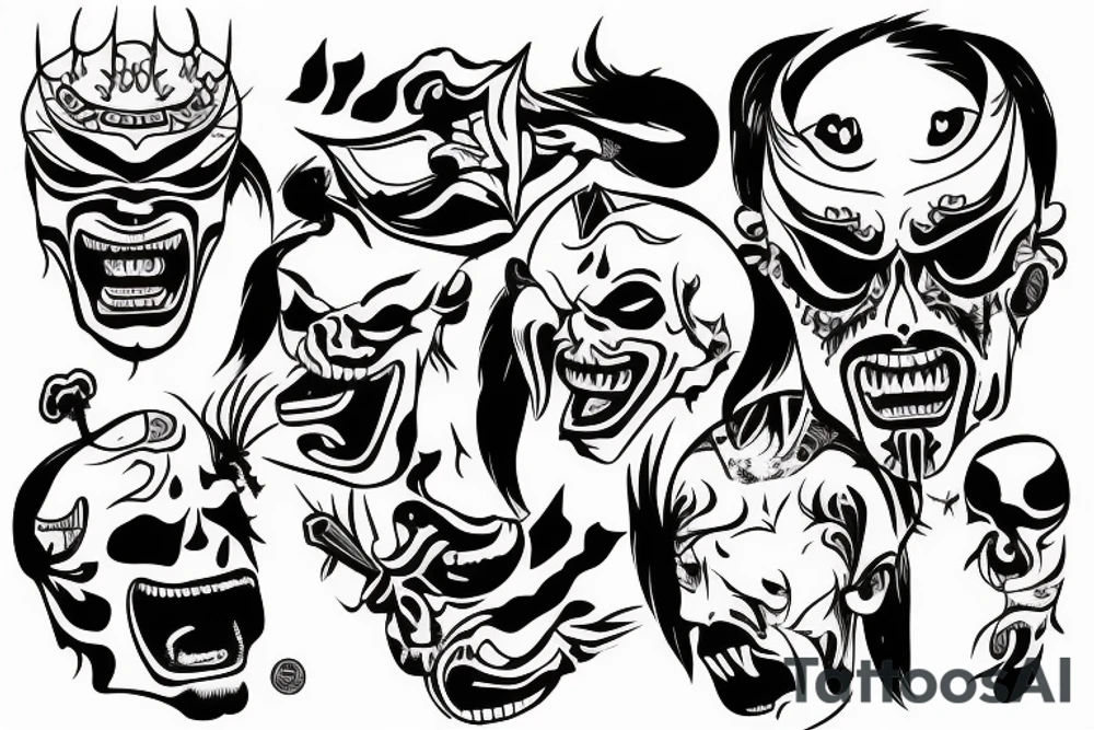 Samurai screaming in pain with his mask destroyed showing his skull underneath tattoo idea