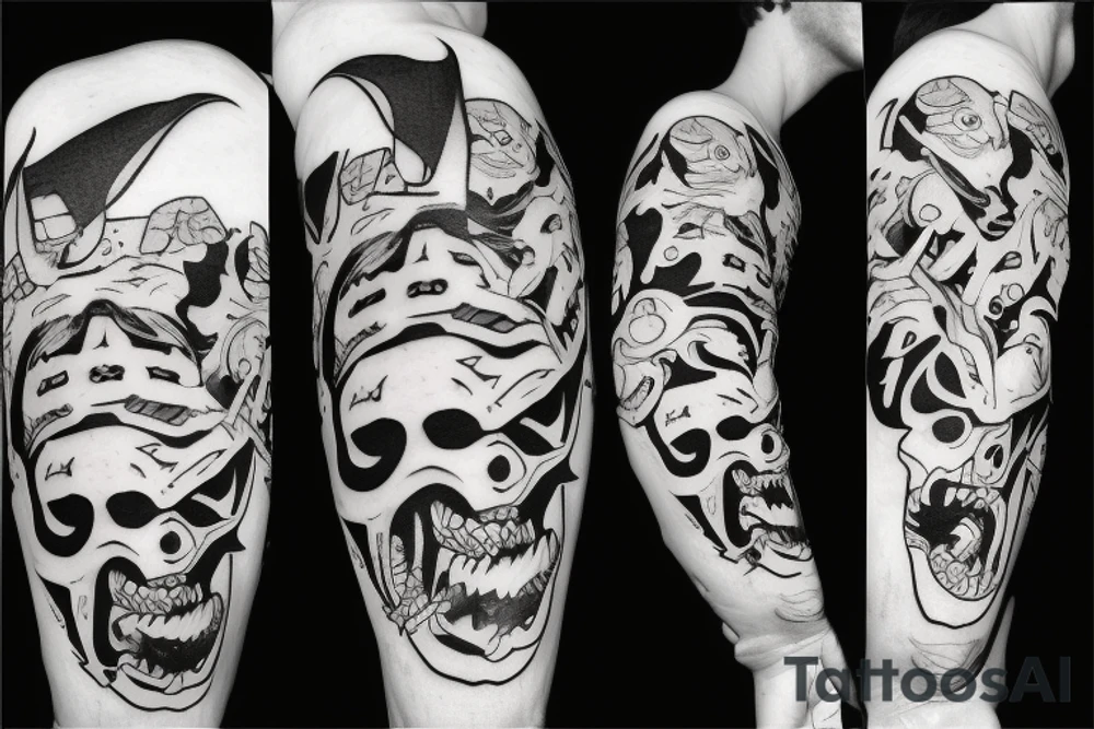 Oni screaming in pain with his mask destroyed showing his skull underneath tattoo idea