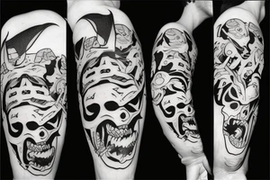 Oni screaming in pain with his mask destroyed showing his skull underneath tattoo idea