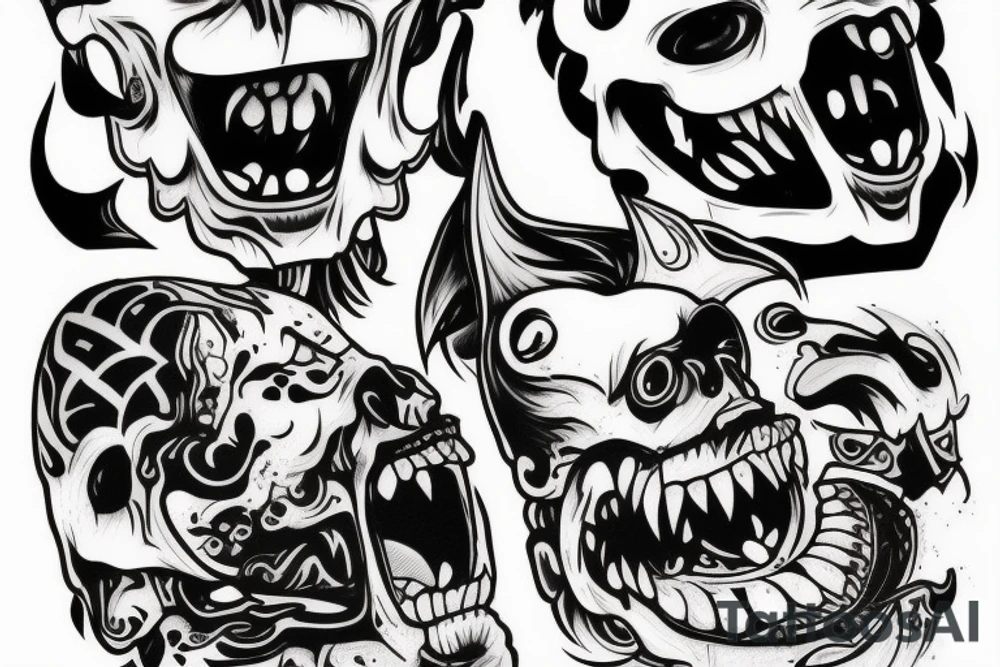 Oni screaming in pain with his mask destroyed showing his skull underneath tattoo idea