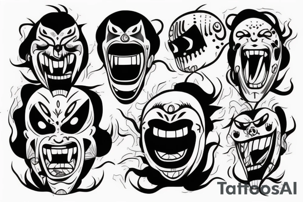 Oni screaming in pain with his mask destroyed showing his skull underneath tattoo idea