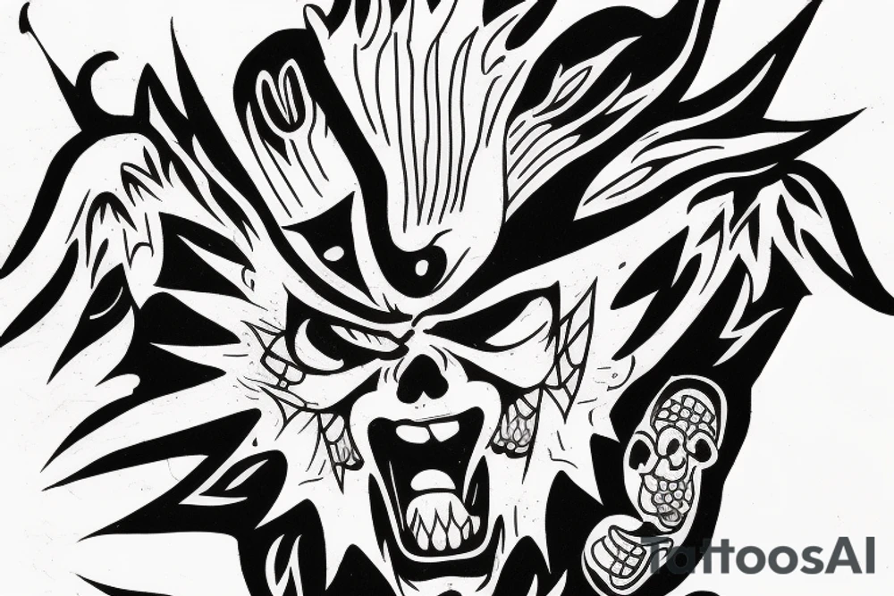Oni screaming in pain with his mask destroyed showing his skull underneath tattoo idea
