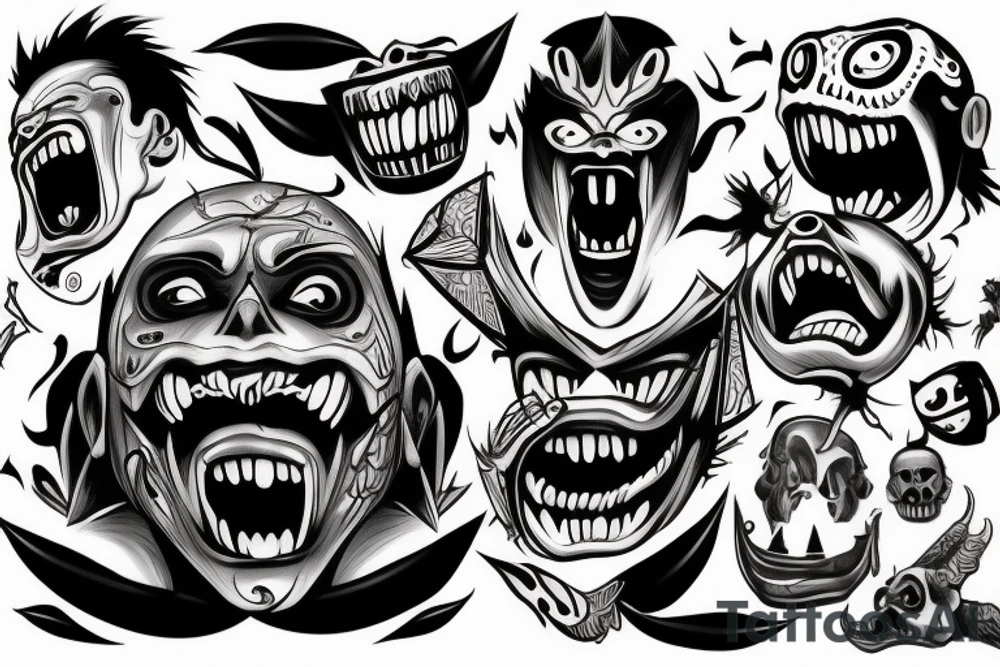 Oni screaming in pain with his mask destroyed showing his skull underneath tattoo idea