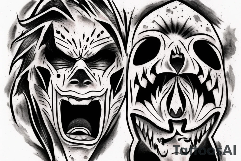 Oni screaming in pain with his mask destroyed showing his skull underneath tattoo idea
