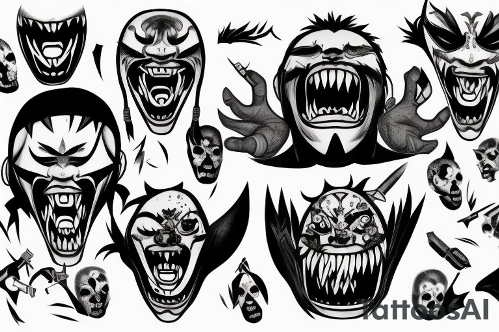 Oni screaming in pain with his mask destroyed showing his skull underneath tattoo idea