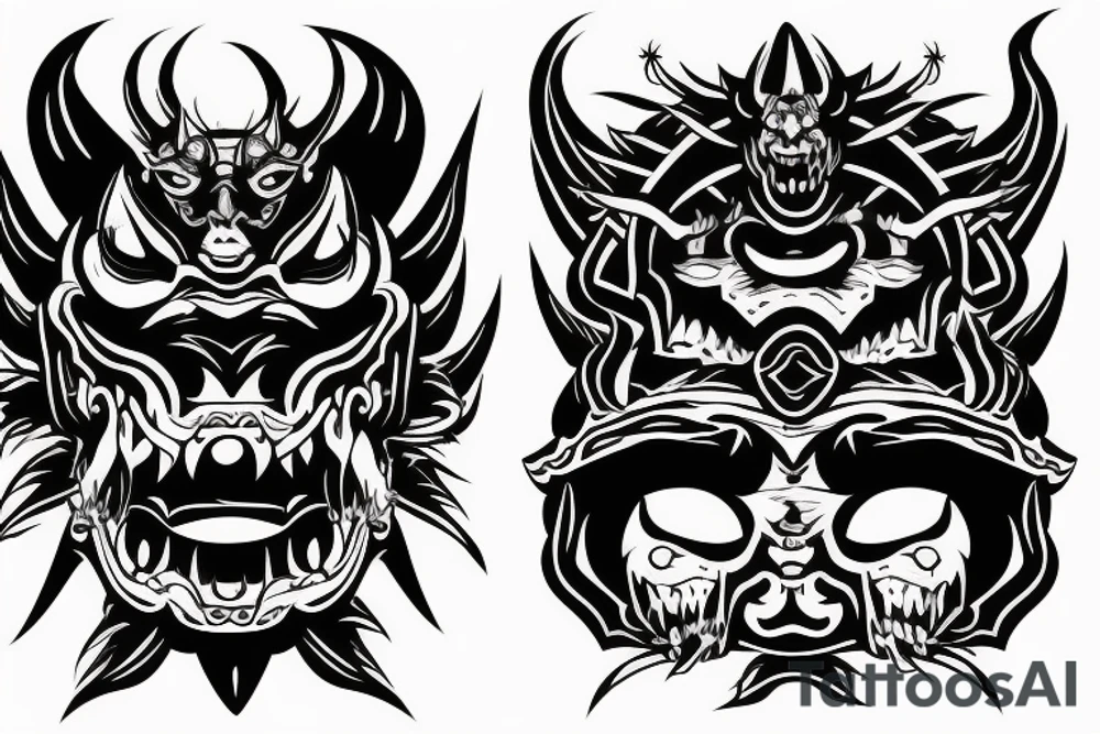 Japanese Oni with a demonic mask destroyed on his face tattoo idea