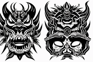 Japanese Oni with a demonic mask destroyed on his face tattoo idea