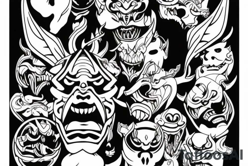 Japanese Oni with a demonic mask destroyed on his face tattoo idea