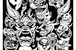 Japanese Oni with a demonic mask destroyed on his face tattoo idea
