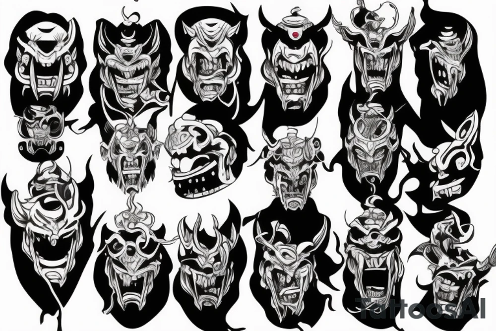 Japanese Oni with a demonic mask destroyed on his face tattoo idea