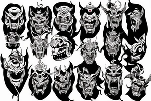 Japanese Oni with a demonic mask destroyed on his face tattoo idea