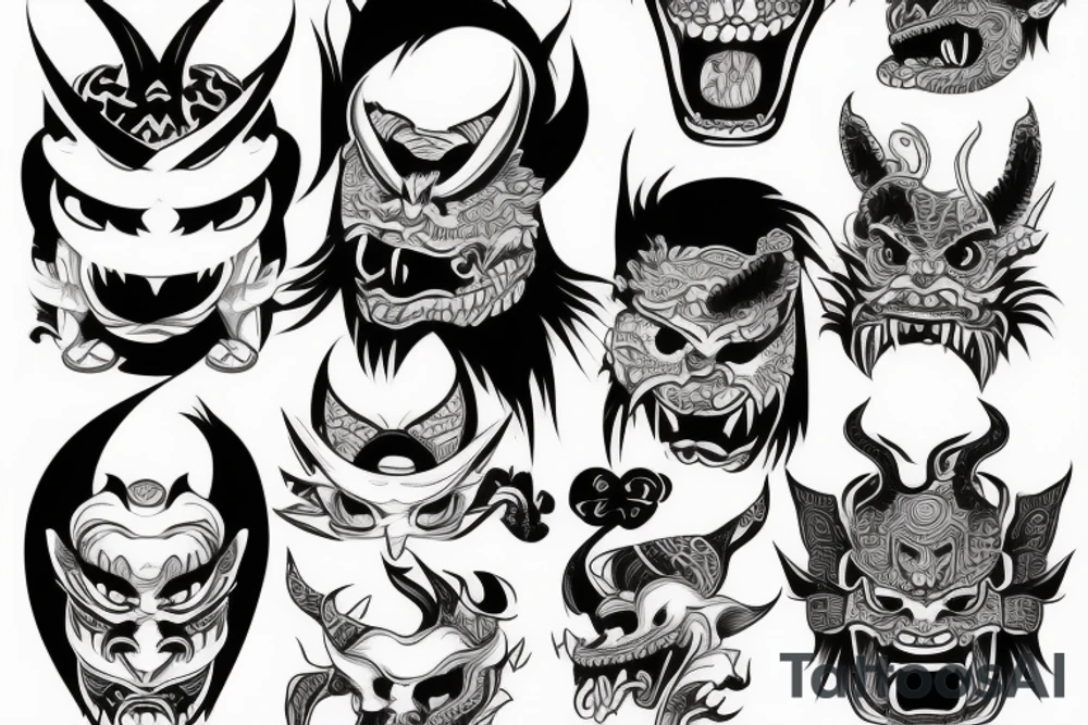 Japanese Oni with a demonic mask destroyed on his face tattoo idea