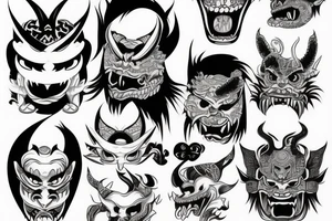 Japanese Oni with a demonic mask destroyed on his face tattoo idea