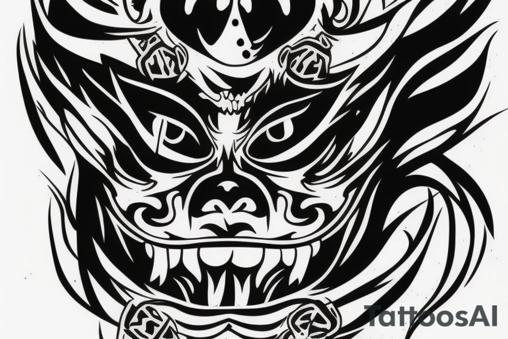 Japanese Oni with a demonic mask destroyed on his face tattoo idea