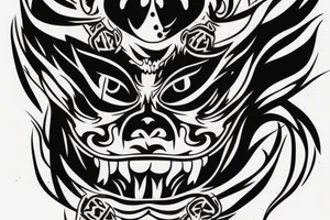Japanese Oni with a demonic mask destroyed on his face tattoo idea