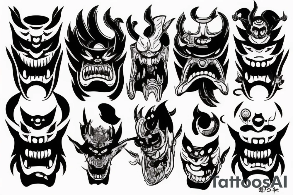 Japanese Oni with a demonic mask destroyed on his face tattoo idea