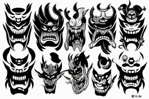 Japanese Oni with a demonic mask destroyed on his face tattoo idea