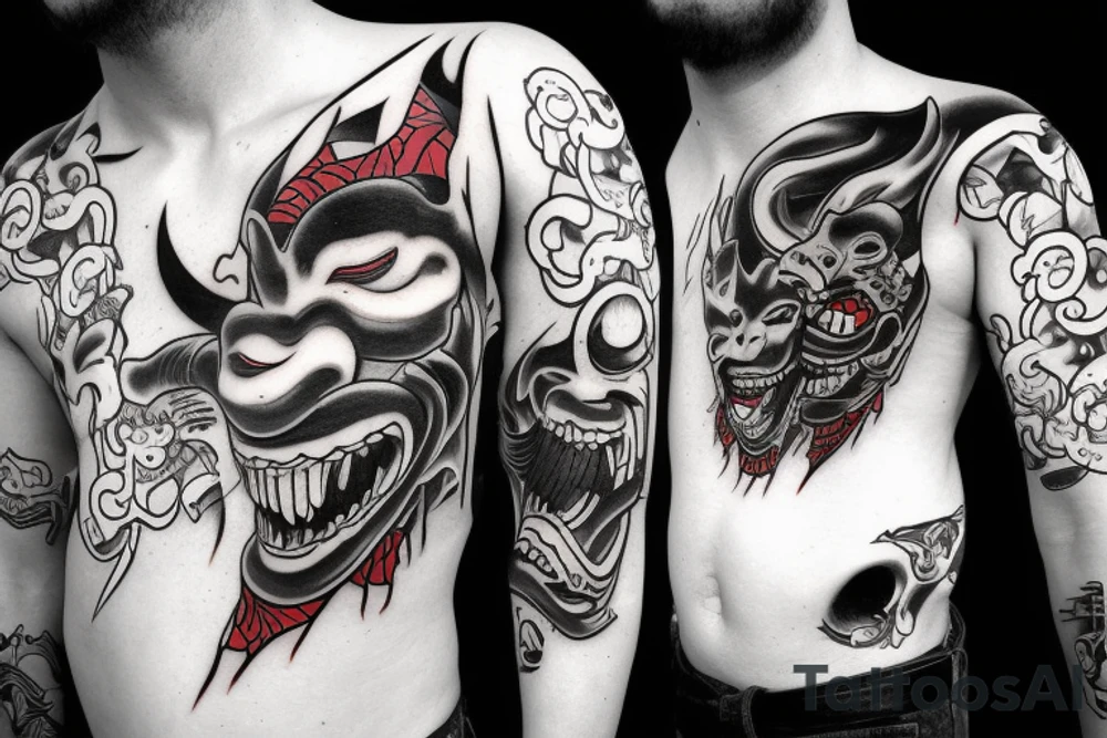 Japanese Oni with a demonic mask destroyed on his face tattoo idea