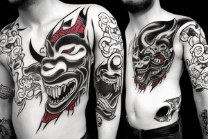 Japanese Oni with a demonic mask destroyed on his face tattoo idea