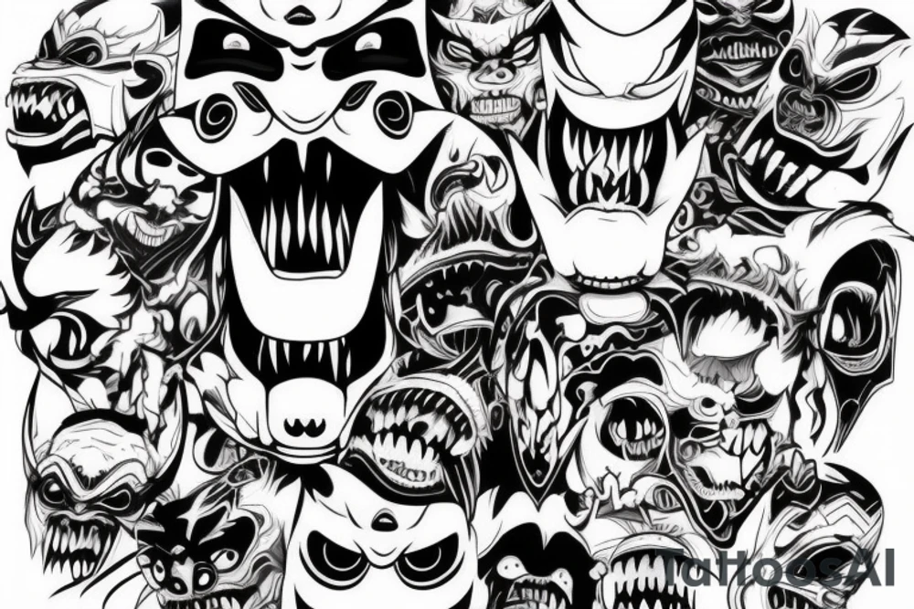 Japanese Oni with a demonic mask destroyed on his face tattoo idea
