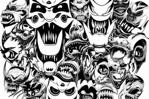 Japanese Oni with a demonic mask destroyed on his face tattoo idea
