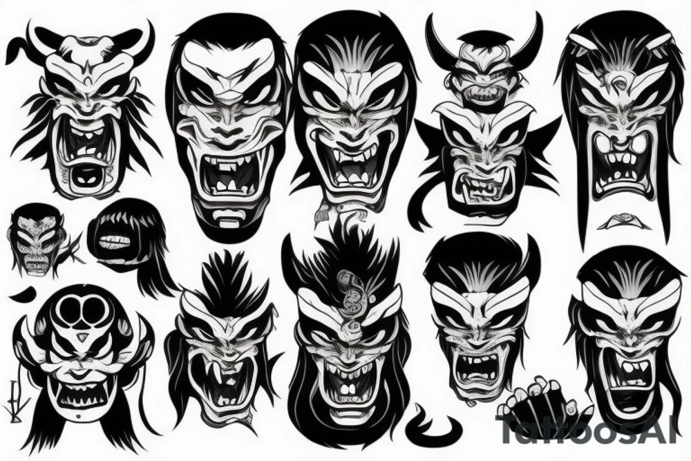 Japanese Oni with a demonic mask destroyed on his face tattoo idea