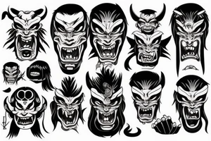 Japanese Oni with a demonic mask destroyed on his face tattoo idea