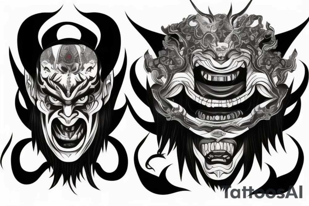Japanese Oni with a demonic mask destroyed on his face tattoo idea