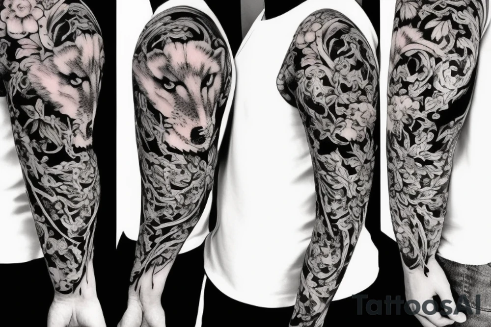 Flowery vines and wolf tattoo idea