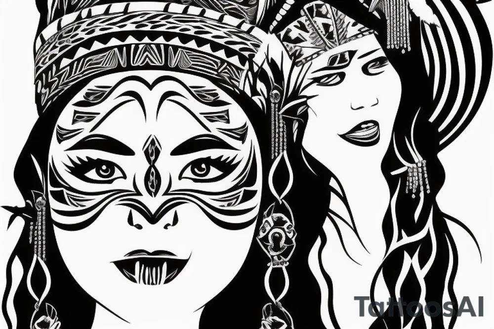 aztec woman with long feathers coming out of a skull hat, gently pulling her lower lip with one finger tattoo idea