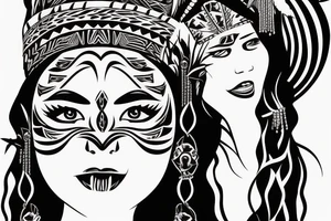 aztec woman with long feathers coming out of a skull hat, gently pulling her lower lip with one finger tattoo idea