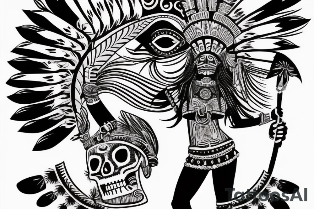 aztec woman with long feathers coming out of a skull hat, gently pulling her lower lip with one finger tattoo idea