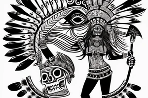 aztec woman with long feathers coming out of a skull hat, gently pulling her lower lip with one finger tattoo idea