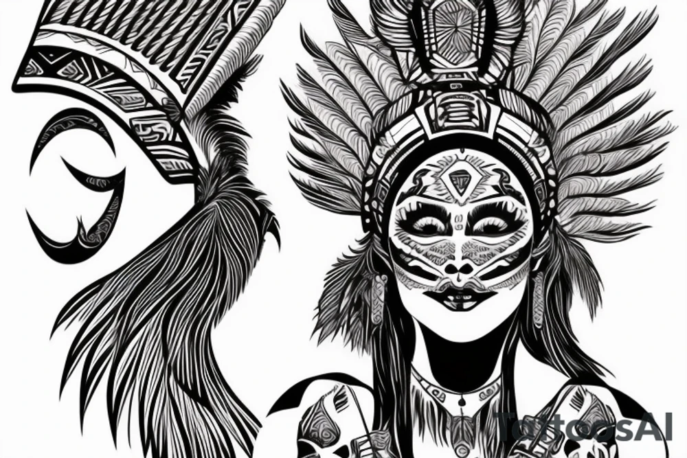aztec woman with long feathers coming out of a skull hat, gently pulling her lower lip with one finger tattoo idea