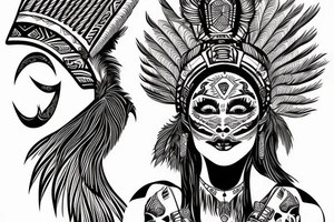 aztec woman with long feathers coming out of a skull hat, gently pulling her lower lip with one finger tattoo idea