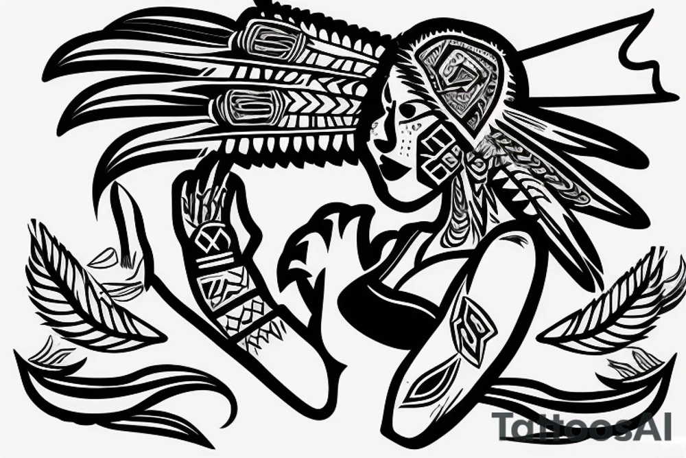 aztec woman with long feathers coming out of a skull hat, gently pulling her lower lip with one finger tattoo idea