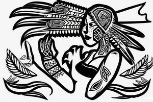 aztec woman with long feathers coming out of a skull hat, gently pulling her lower lip with one finger tattoo idea