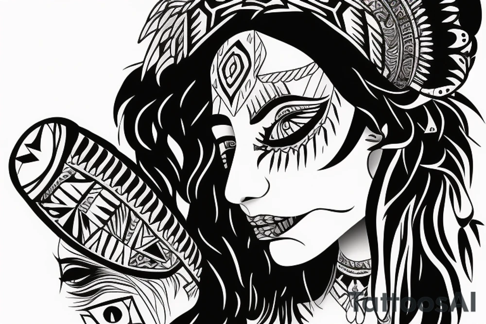 aztec woman with long feathers coming out of a skull hat, gently pulling her lower lip with one finger tattoo idea