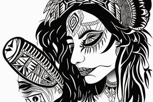aztec woman with long feathers coming out of a skull hat, gently pulling her lower lip with one finger tattoo idea