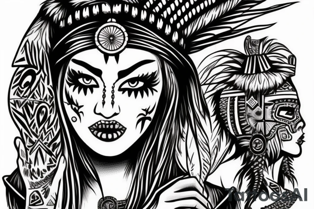 aztec woman with long feathers coming out of a skull hat, gently pulling her lower lip with one finger tattoo idea