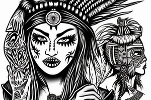 aztec woman with long feathers coming out of a skull hat, gently pulling her lower lip with one finger tattoo idea