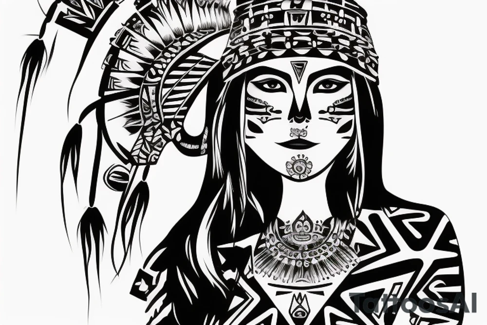 aztec woman with skull hat, gently pulling her lower lip with one finger tattoo idea